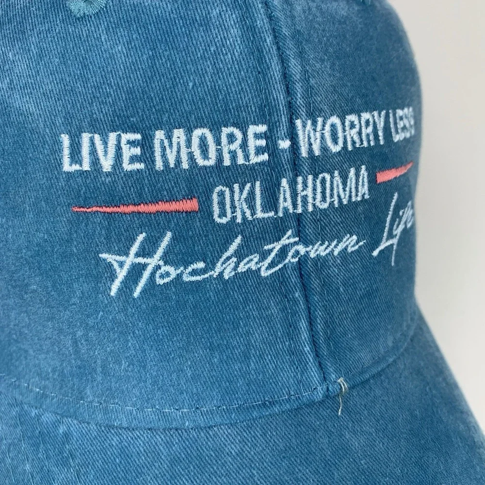 Hochatown Life Oklahoma Hat Blue Distressed Adjustable Snap Mesh Baseball Cap